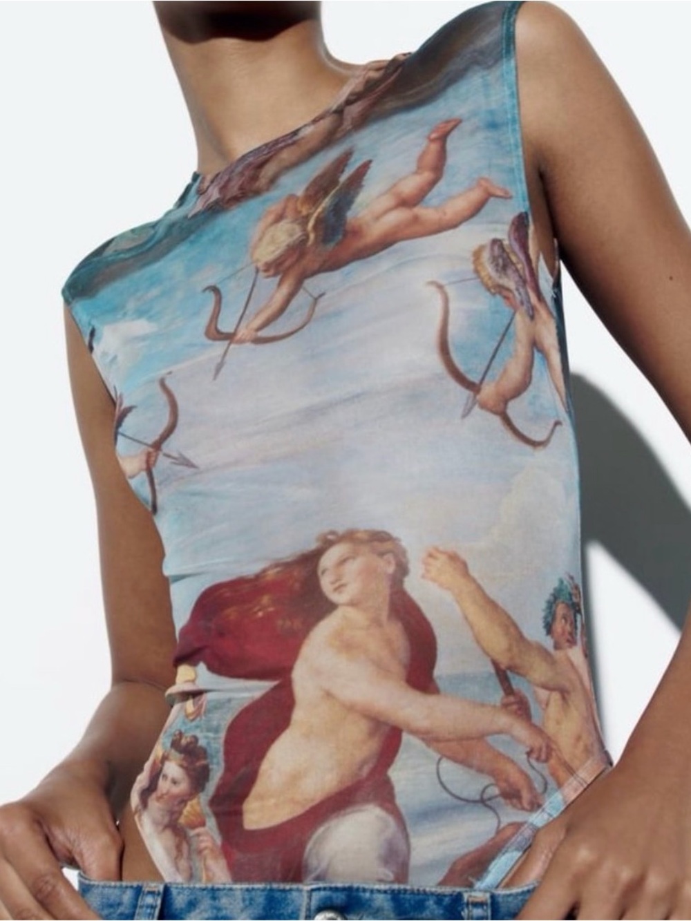 Zara Blue Triumph of Galatea Print Sleeveless Sheer Tank